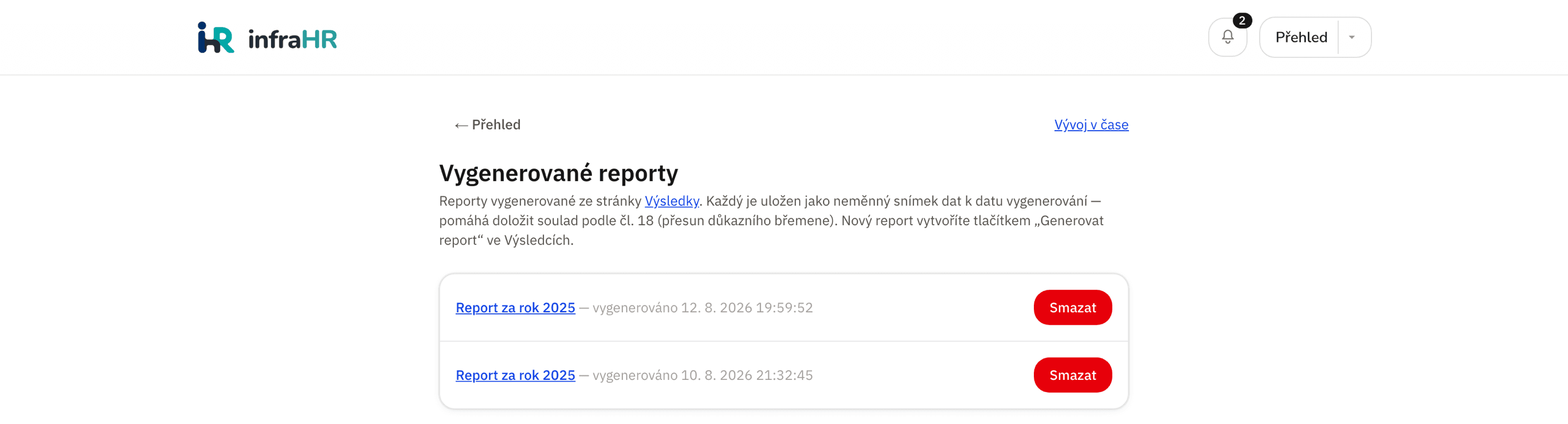 Seznam vygenerovaných reportů pro klienta v aplikaci infraHR